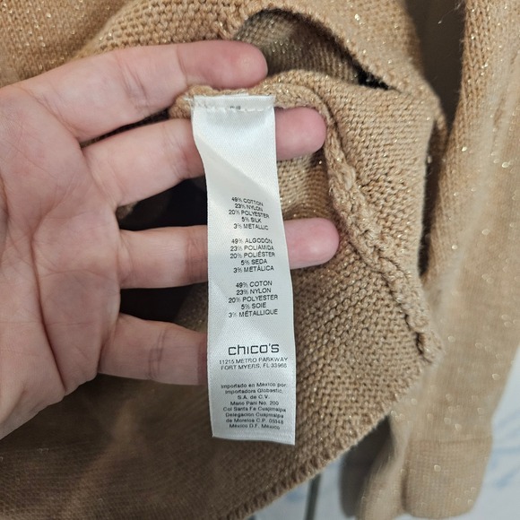 Chicos Cowl Neck Long Sleeve Sweater Metallic Thread Size 0 (S) Tan Gold - Picture 4 of 8